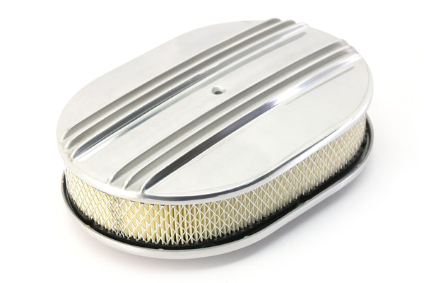 CHEVY-FORD-MOPAR 12" OVAL POLISHED ALUMINUM AIR CLEANER - PARTIAL FINNED