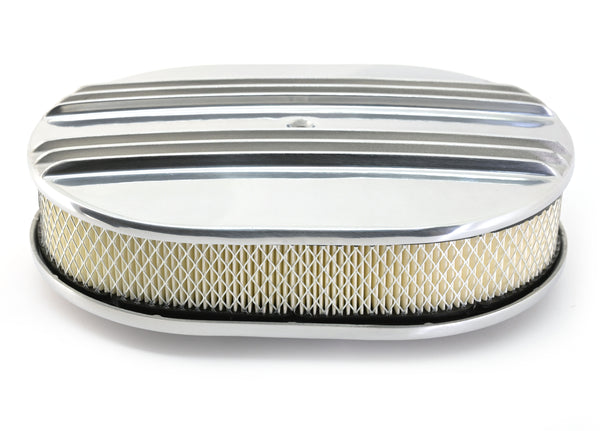 CHEVY-FORD-MOPAR 12" OVAL POLISHED ALUMINUM AIR CLEANER - PARTIAL FINNED