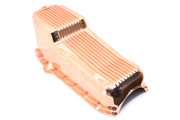1958-79 CHEVY SMALL BLOCK 262-267-283-305-327-350-400 ALUMINUM STOCK CAPACITY OIL PAN - RETRO FINNED - COPPER