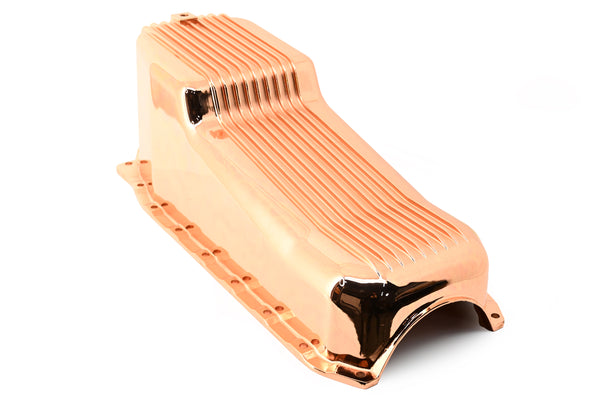 1986-02 CHEVY SMALL BLOCK 305-327-350 V8 ALUMINUM STOCK CAPACITY OIL PAN - RETRO FINNED - COPPER