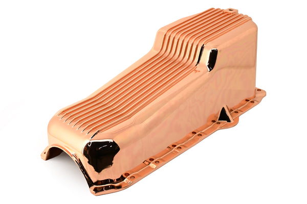1986-02 CHEVY SMALL BLOCK 305-327-350 V8 ALUMINUM STOCK CAPACITY OIL PAN - RETRO FINNED - COPPER