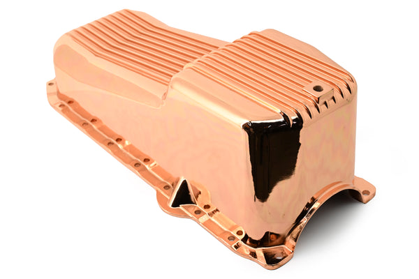 1986-02 CHEVY SMALL BLOCK 305-327-350 V8 ALUMINUM STOCK CAPACITY OIL PAN - RETRO FINNED - COPPER