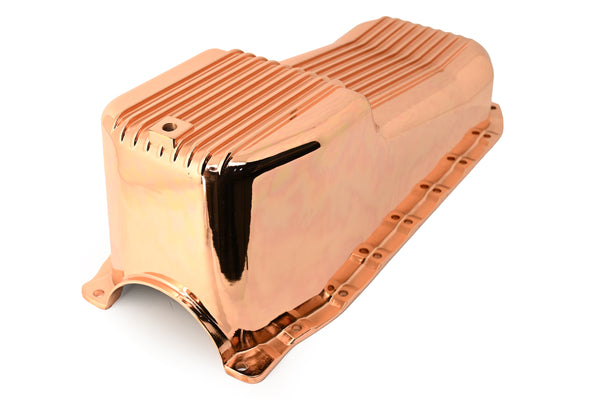 1986-02 CHEVY SMALL BLOCK 305-327-350 V8 ALUMINUM STOCK CAPACITY OIL PAN - RETRO FINNED - COPPER
