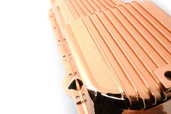 1986-02 CHEVY SMALL BLOCK 305-327-350 V8 ALUMINUM STOCK CAPACITY OIL PAN - RETRO FINNED - COPPER