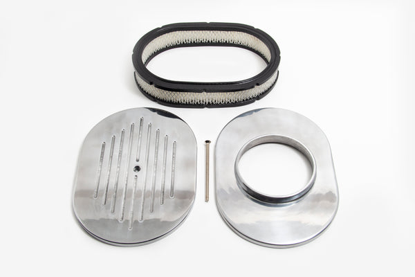 CHEVY-FORD-MOPAR 12" OVAL POLISHED ALUMINUM AIR CLEANER - BALL MILLED
