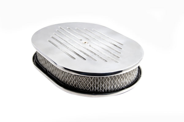 CHEVY-FORD-MOPAR 12" OVAL POLISHED ALUMINUM AIR CLEANER - BALL MILLED