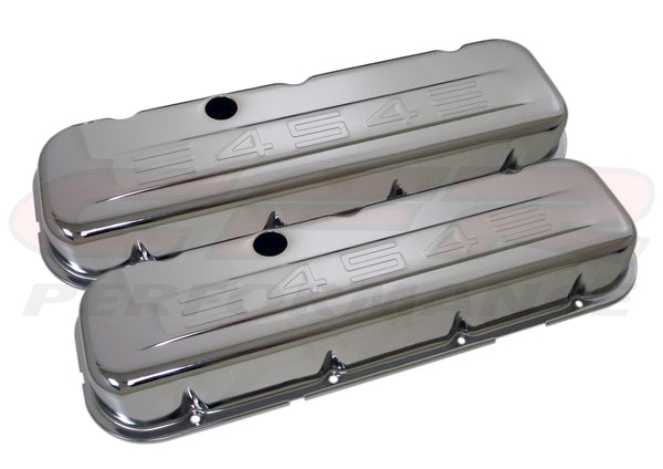 1965-95 CHEVY BIG BLOCK 396-427-454-502 SHORT STEEL VALVE COVERS W- 454 LOGO - CHROME