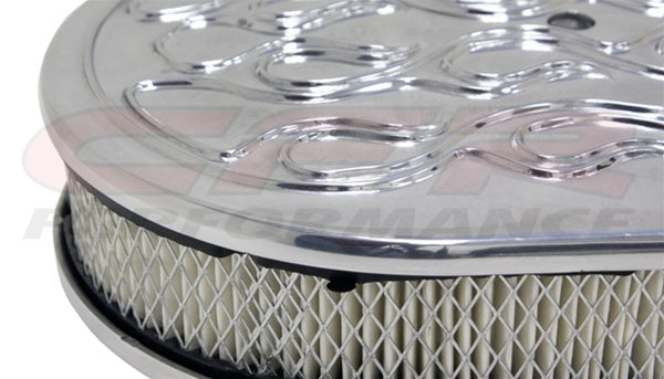 CHEVY-FORD-MOPAR 12" OVAL POLISHED ALUMINUM AIR CLEANER - RAISED FLAME