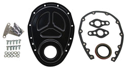 1955-95 CHEVY SMALL BLOCK 283-305-327-350-400 STEEL TIMING CHAIN COVER SET W- TIMING TAB - BLACK