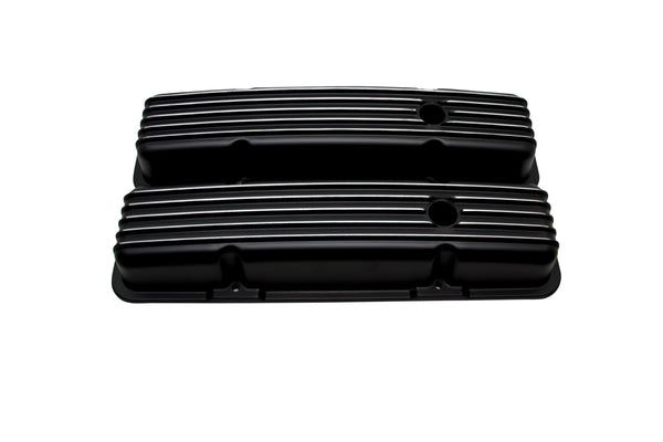 CHEVY SB 283-400 SHORT VALVE COVERS – ALUMINUM – FINNED – BLACK