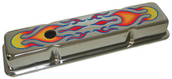 STEEL 1958-86 CHEVY SB 283-305-327-350-400 SHORT VALVE COVERS FLAMED - CHROME
