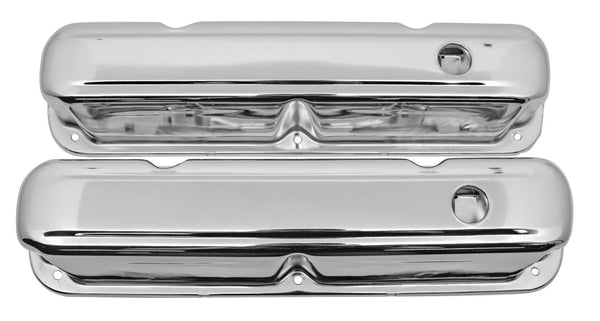 Steel Valve Covers Fits 1967–1989 Mopar SB 318-340-360 – Short Style – 1 Hole – Chrome