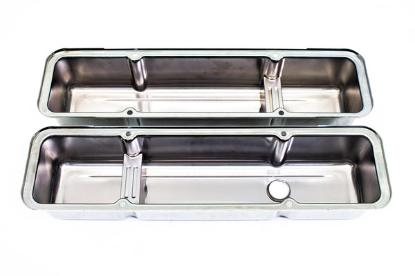 STEEL 1958-86 CHEVY SB 283-400 1 HOLE - 2 HOLE SCREW IN TALL VALVE COVERS - BAFFLED-BLACK CHROME