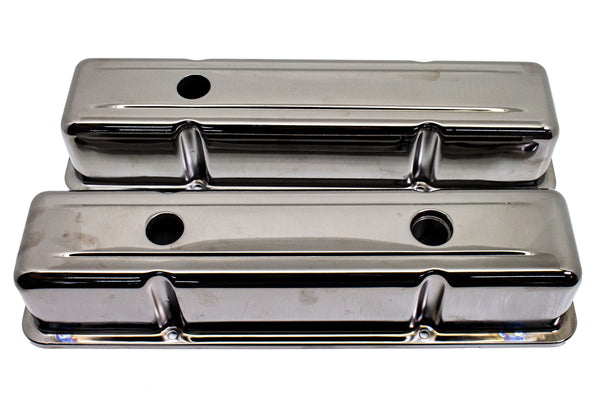 STEEL 1958-86 CHEVY SB 283-400 1 HOLE - 2 HOLE SCREW IN TALL VALVE COVERS - BAFFLED-BLACK CHROME