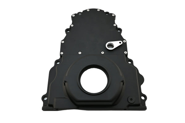 Aluminum Chevy LS Two Piece Timing Chain Cover With Cam Sensor Hole Fits LS Engines Up To Gen 4 – Black