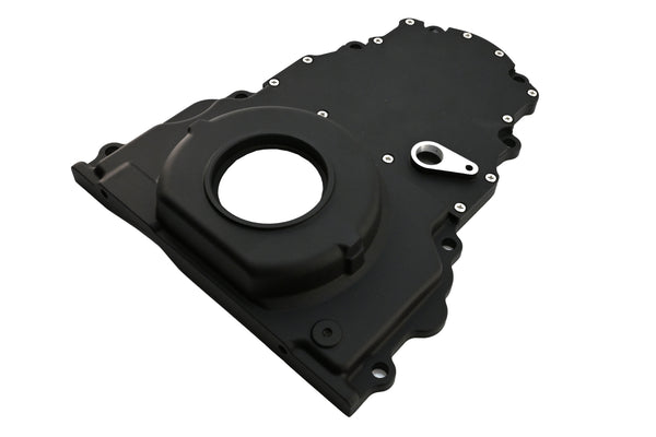 Aluminum Chevy LS Two Piece Timing Chain Cover With Cam Sensor Hole Fits LS Engines Up To Gen 4 – Black