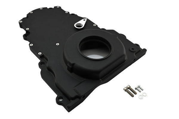 Aluminum Chevy LS Two Piece Timing Chain Cover With Cam Sensor Hole Fits LS Engines Up To Gen 4 – Black