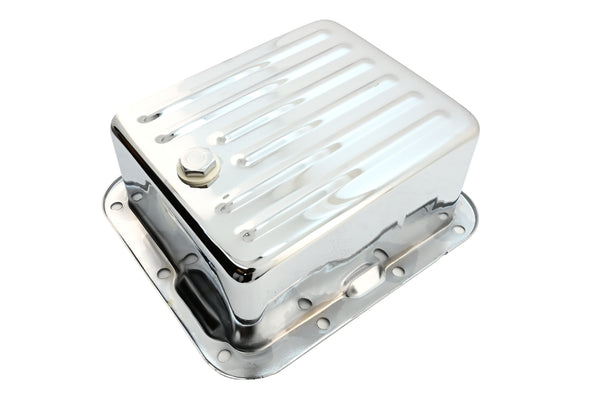 Steel Transmission Pan Fits Ford C4 – Deep Sump – Case Fill Style – Chrome