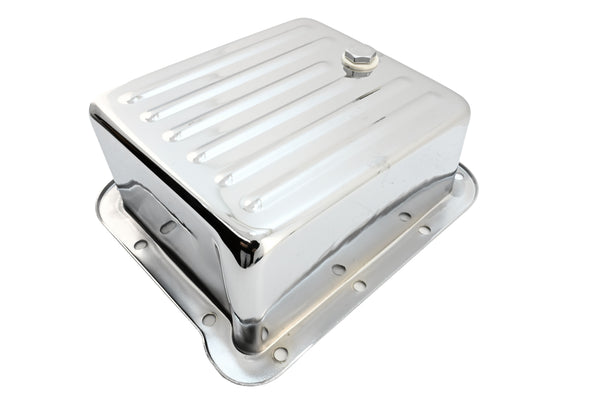Steel Transmission Pan Fits Ford C4 – Deep Sump – Case Fill Style – Chrome
