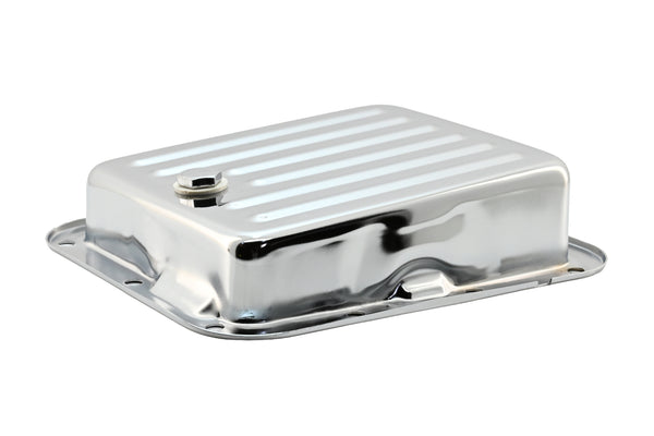 Steel Ford C4 Transmission Pan – Stock Capacity, Chrome Coated (Pan Fill Style)