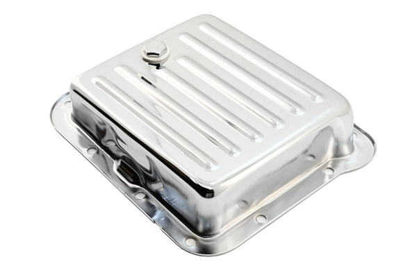 Steel Ford C4 Transmission Pan – Stock Capacity, Chrome Coated (Pan Fill Style)