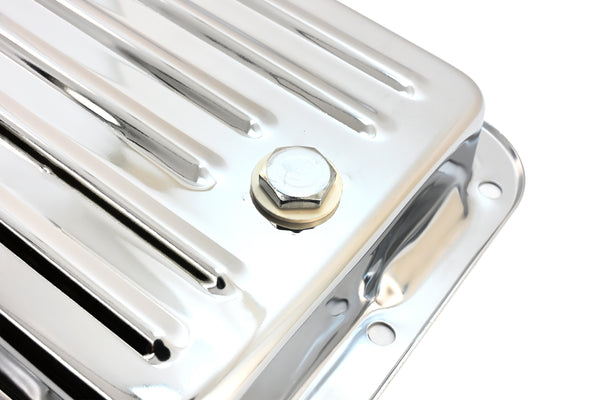 Steel Ford C4 Transmission Pan – Stock Capacity, Chrome Coated (Pan Fill Style)