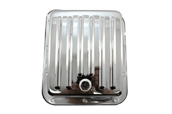Steel Ford C4 Transmission Pan – Stock Capacity, Chrome Coated (Pan Fill Style)