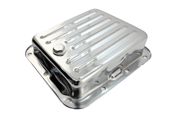 Steel Ford C4 Transmission Pan – Stock Capacity, Chrome Coated (Pan Fill Style)