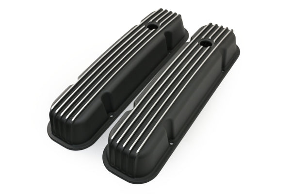 PONTIAC 326-455 POLISHED ALUMINUM VALVE COVERS - FINNED BLACK