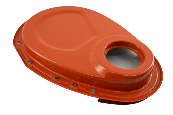 Steel Timing Chain Cover Fits 1955–1995 Chevy SBC 283–400 – Painted Orange