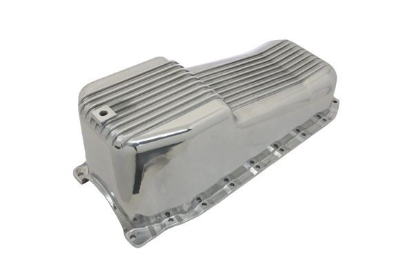 ALUMINUM 1986–02 CHEVY SB 262–400 STOCK CAPACITY OIL PAN – RETRO FINNED – BAFFLED – POLISHED