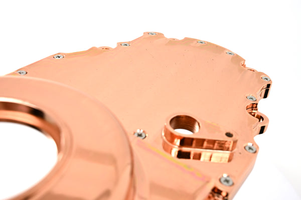 ALUMINUM CHEVY LS TWO PIECE TIMING CHAIN COVER W CAM SENSOR HOLE - COPPER