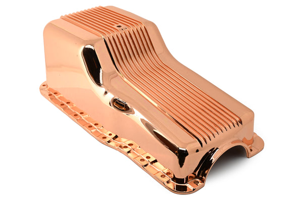 1962-82 FORD SMALL BLOCK 260-289-302 ALUMINUM STOCK CAPACITY OIL PAN - RETRO FINNED - COPPER