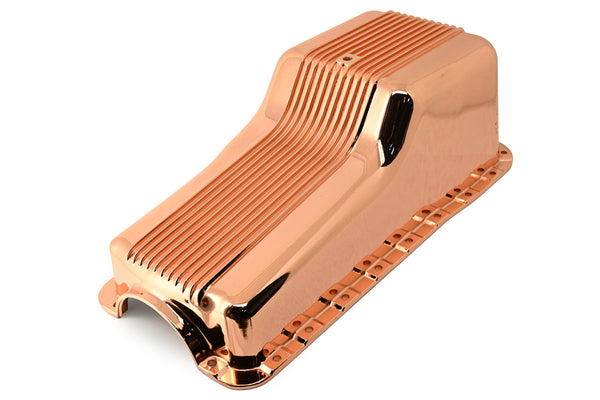 1962-82 FORD SMALL BLOCK 260-289-302 ALUMINUM STOCK CAPACITY OIL PAN - RETRO FINNED - COPPER