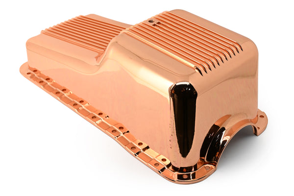 1962-82 FORD SMALL BLOCK 260-289-302 ALUMINUM STOCK CAPACITY OIL PAN - RETRO FINNED - COPPER