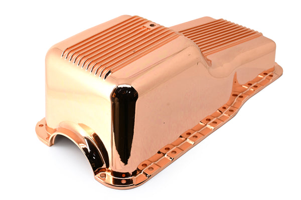 1962-82 FORD SMALL BLOCK 260-289-302 ALUMINUM STOCK CAPACITY OIL PAN - RETRO FINNED - COPPER