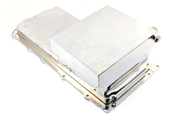 STEEL CHEVY GM LS ENGINES OIL PAN 7 QT 90 DEGREE FITTING - CHROME