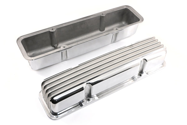 Aluminum Tall Valve Covers Fits 1958–86 Chevy Small Block 283 / 305 / 327 / 350 / 383 / 400 – Full Finned – No Holes – Polished Finish
