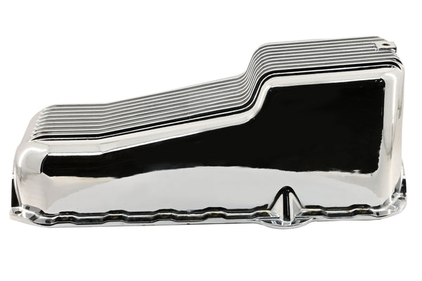 Aluminum Oil Pan – Fits 1980–1985 Chevy SB 283–350 – Stock 4‑Quart – Retro Finned – Chrome