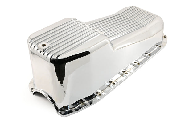 Aluminum Oil Pan – Fits 1980–1985 Chevy SB 283–350 – Stock 4‑Quart – Retro Finned – Chrome