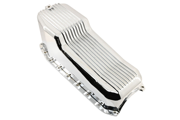 Aluminum Oil Pan – Fits 1980–1985 Chevy SB 283–350 – Stock 4‑Quart – Retro Finned – Chrome