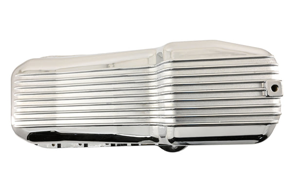 Aluminum Oil Pan – Fits 1980–1985 Chevy SB 283–350 – Stock 4‑Quart – Retro Finned – Chrome