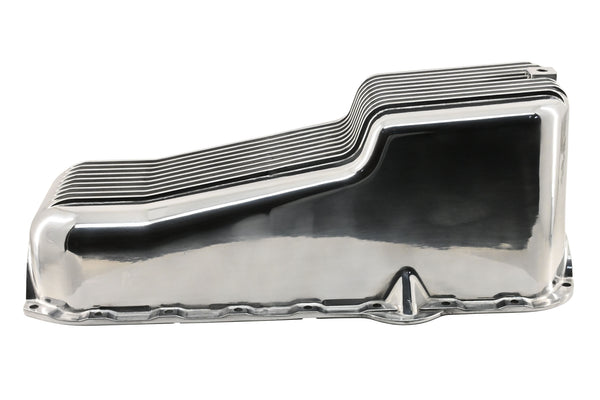 Aluminum Oil Pan – Fits 1980–1985 Chevy SB 283–350 – Stock 4‑Quart – Retro Finned – Polished