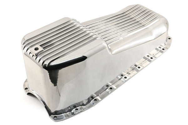 Aluminum Oil Pan – Fits 1980–1985 Chevy SB 283–350 – Stock 4‑Quart – Retro Finned – Polished