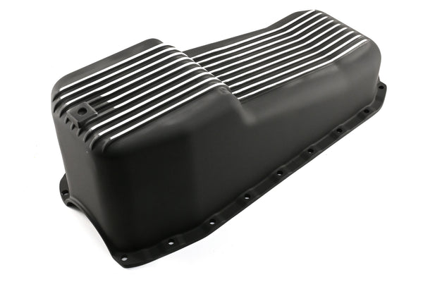 Aluminum Oil Pan – Fits 1980–1985 Chevy SB 283–350 – Stock 4‑Quart – Retro Finned – Black