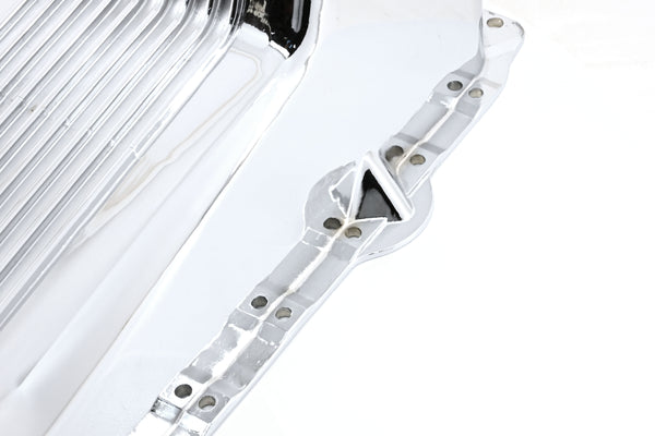 Aluminum Oil Pan – Fits 1986–2002 Chevy Small Block 262–400 – Retro Finned – Chrome Finish