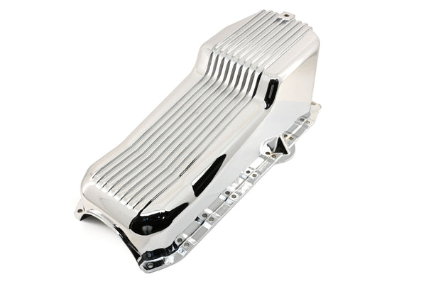 Aluminum Oil Pan – Fits 1986–2002 Chevy Small Block 262–400 – Retro Finned – Chrome Finish