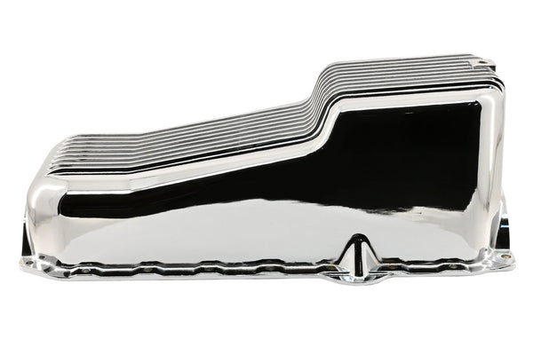 Aluminum Oil Pan – Fits 1986–2002 Chevy Small Block 262–400 – Retro Finned – Chrome Finish
