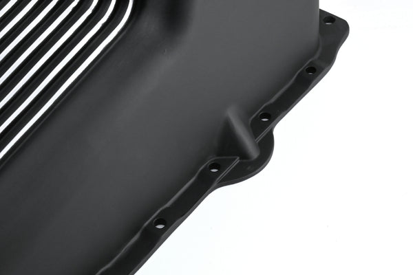 Aluminum Oil Pan – Fits 1986–2002 Chevy Small Block 262–400 – Retro Finned – Black Finish
