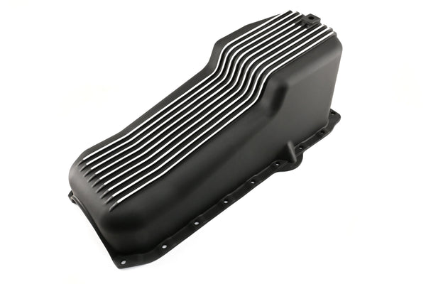 Aluminum Oil Pan – Fits 1986–2002 Chevy Small Block 262–400 – Retro Finned – Black Finish